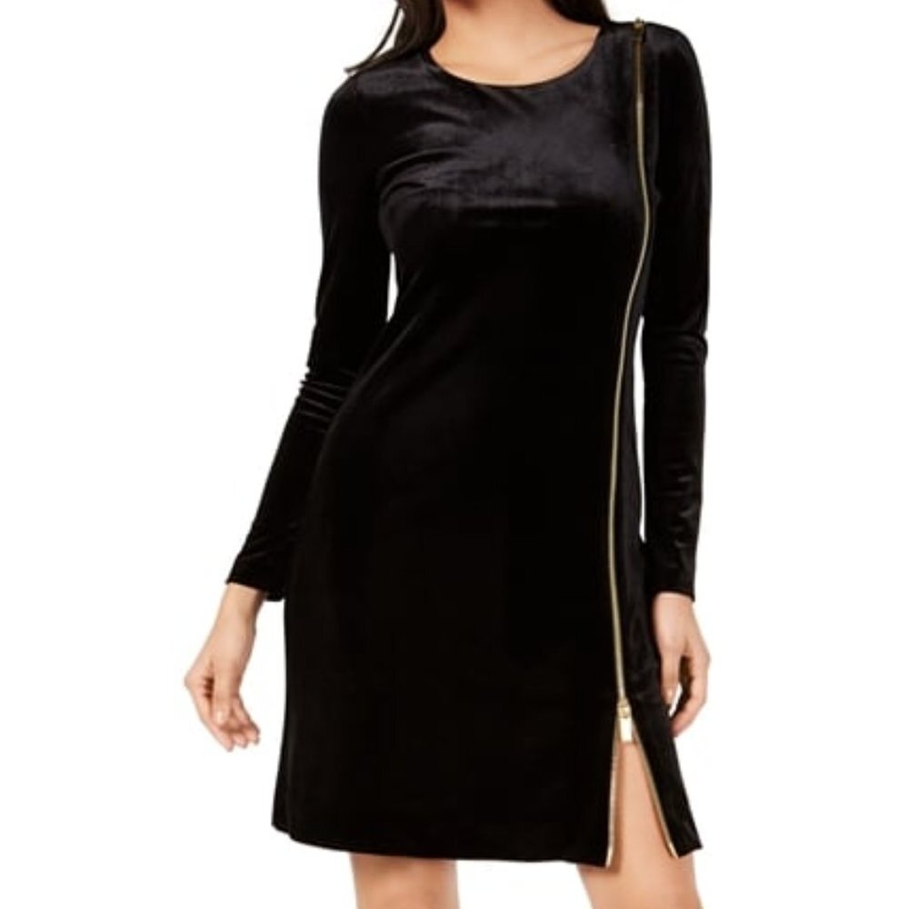 French Connection Black Velvet Long Sleeve Zella Zipper Dress NWOT, Sz 10